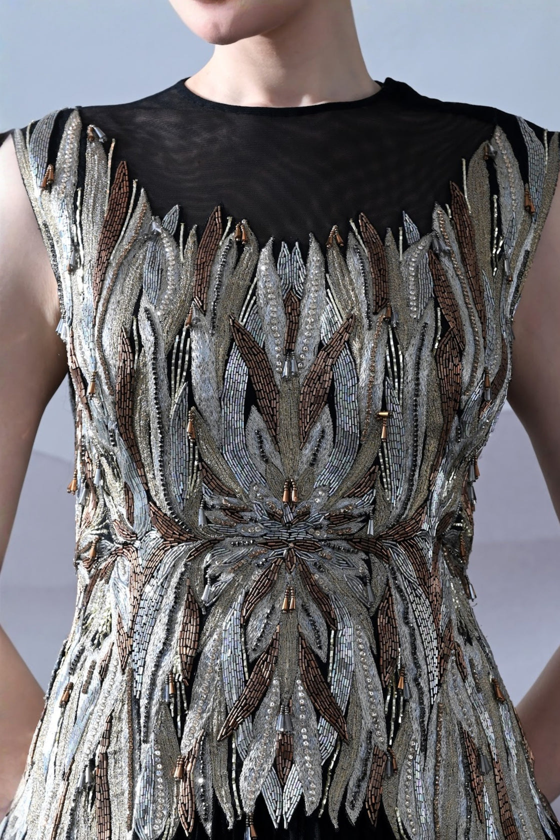 Black Gown With Artisanal Metallic Embroidery And Fluid Draping