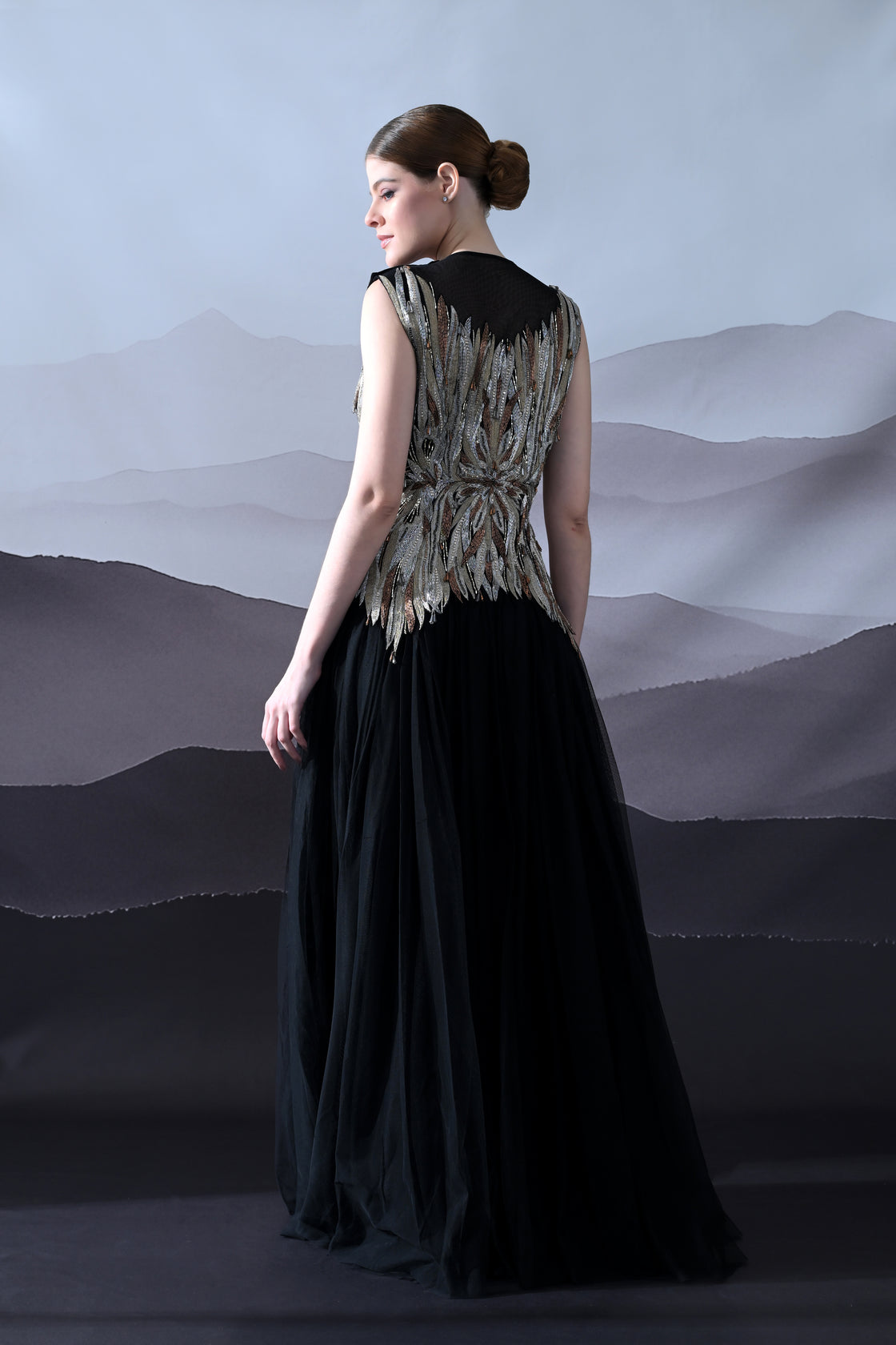 Black Gown with Artisanal Metallic Embroidery and Fluid Draping