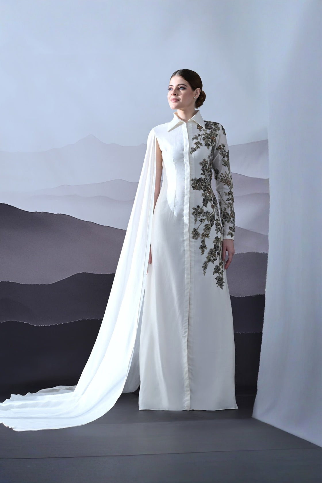 Ivory Gown With Asymmetrical Embroidery