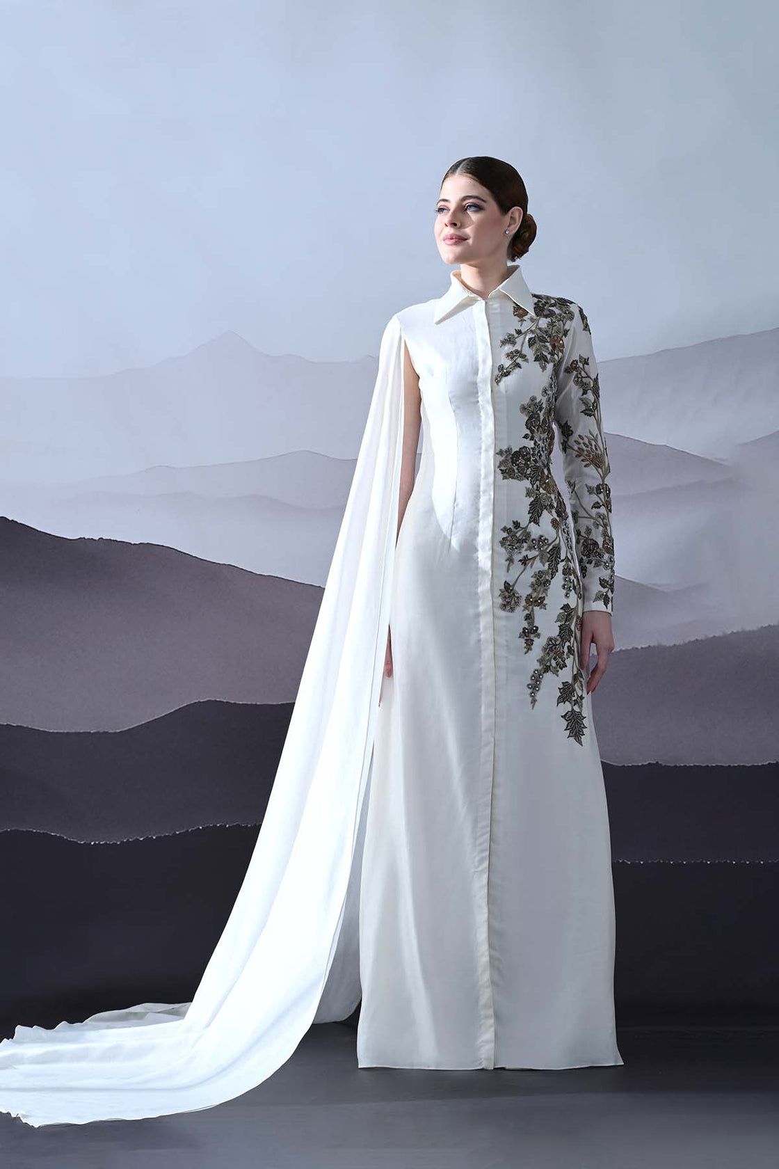 Ivory Gown With Asymmetrical Embroidery