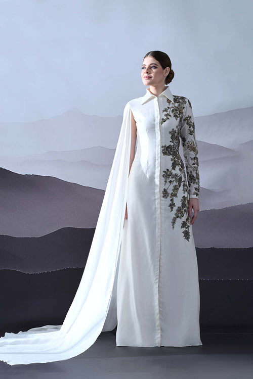 Ivory Gown With Asymmetrical Embroidery