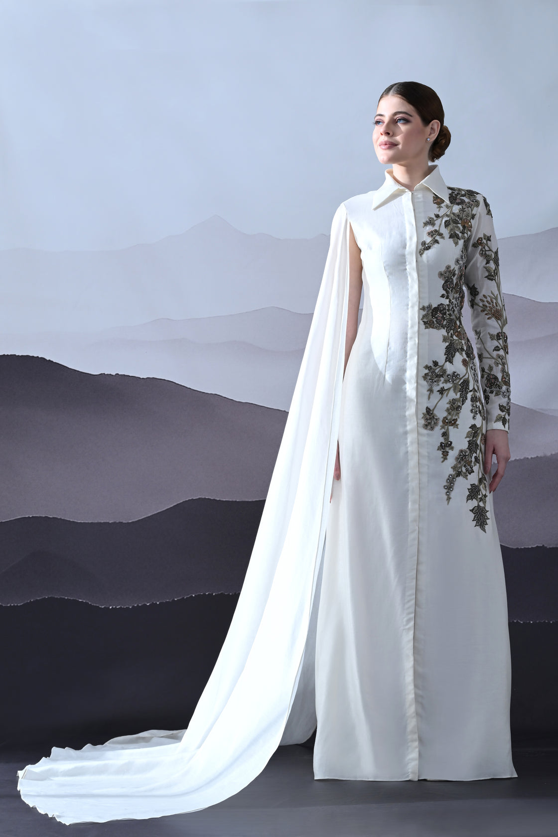 Ivory Gown with Asymmetrical Embroidery