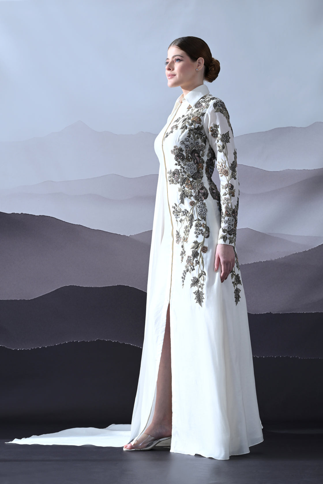 Ivory Gown with Asymmetrical Embroidery