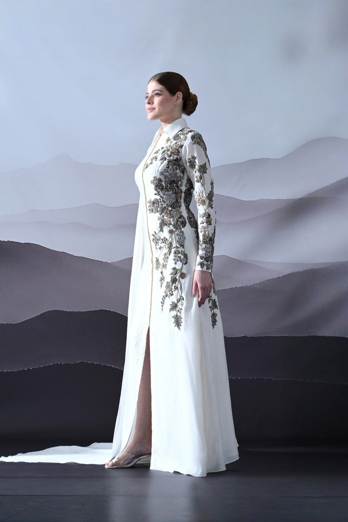 Ivory Gown With Asymmetrical Embroidery