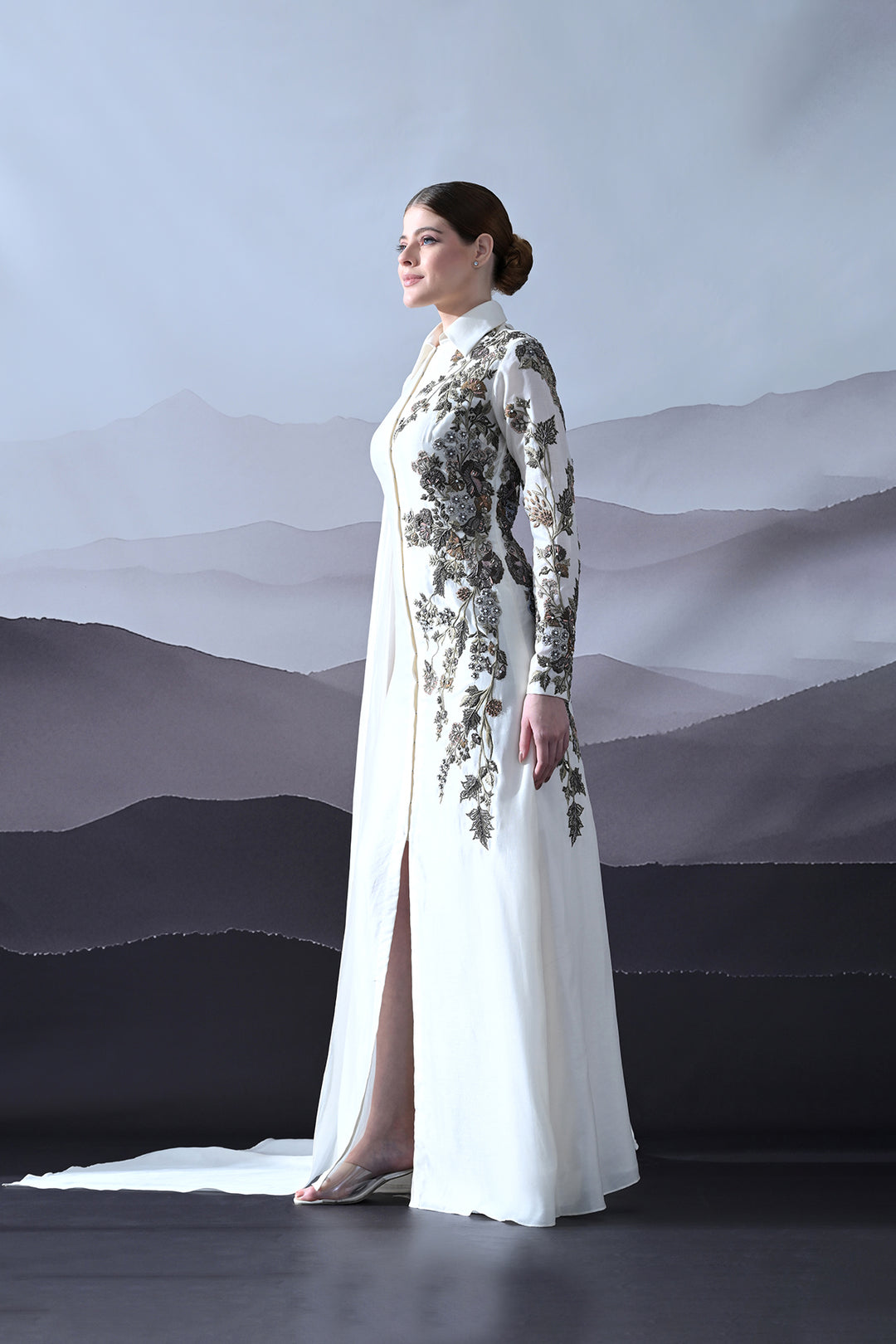 Ivory Gown With Asymmetrical Embroidery
