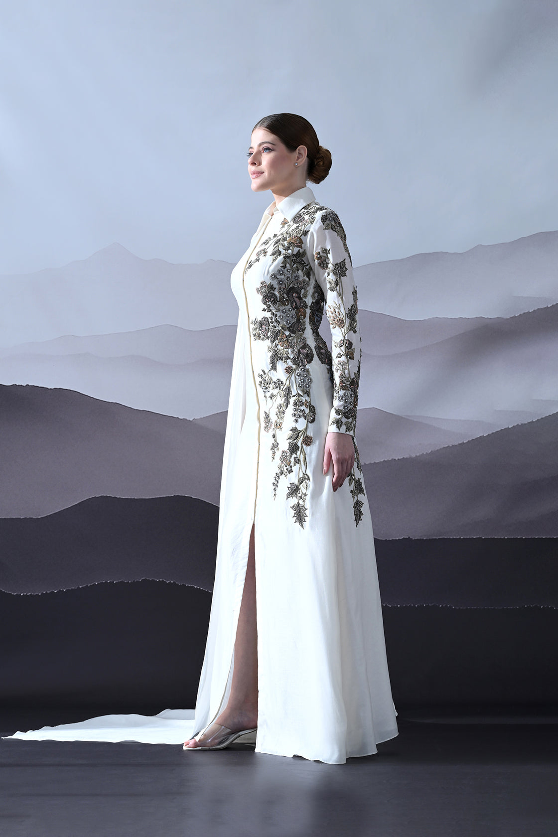 Ivory Gown With Asymmetrical Embroidery