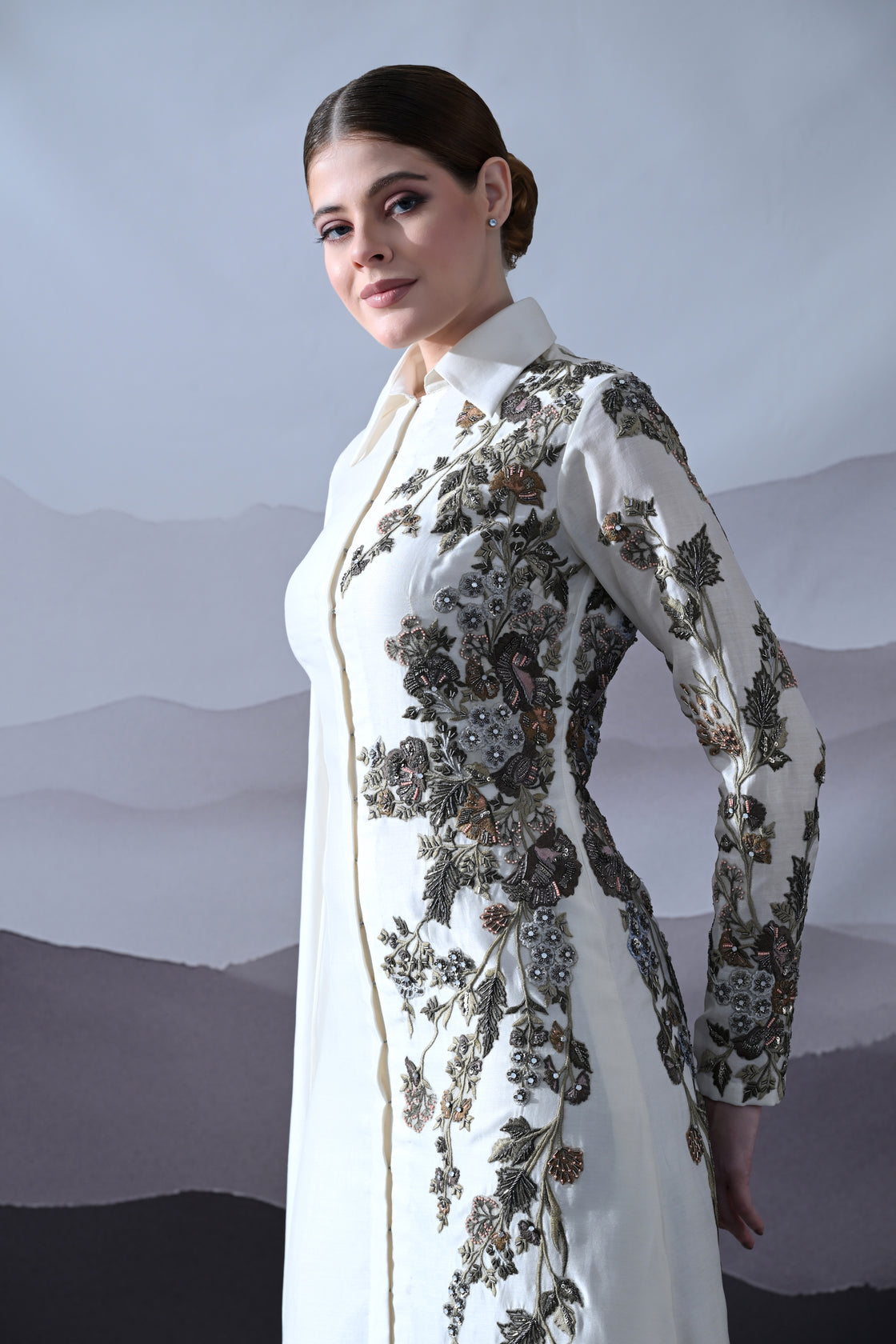 Ivory Gown with Asymmetrical Embroidery