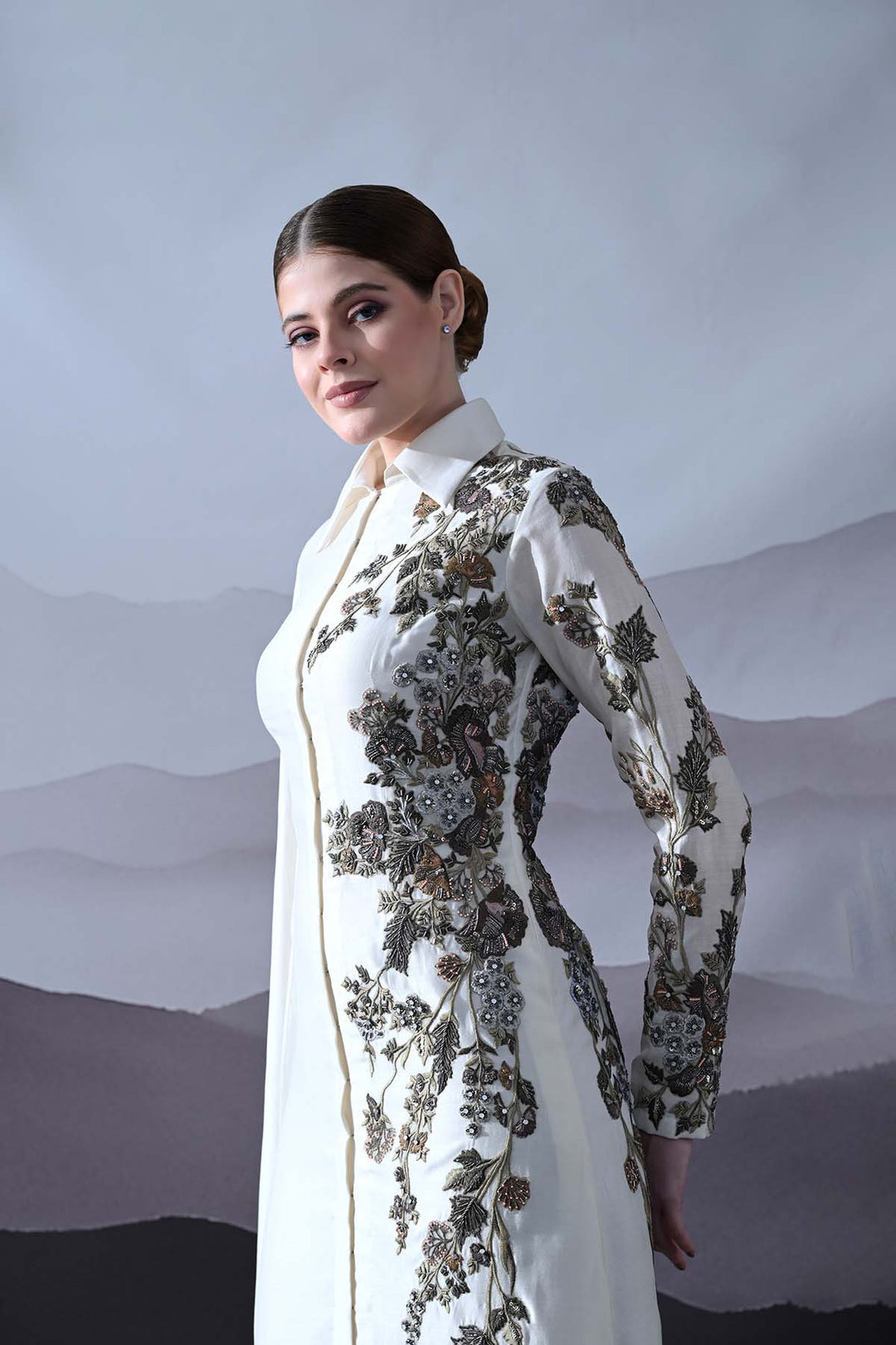 Ivory Gown With Asymmetrical Embroidery