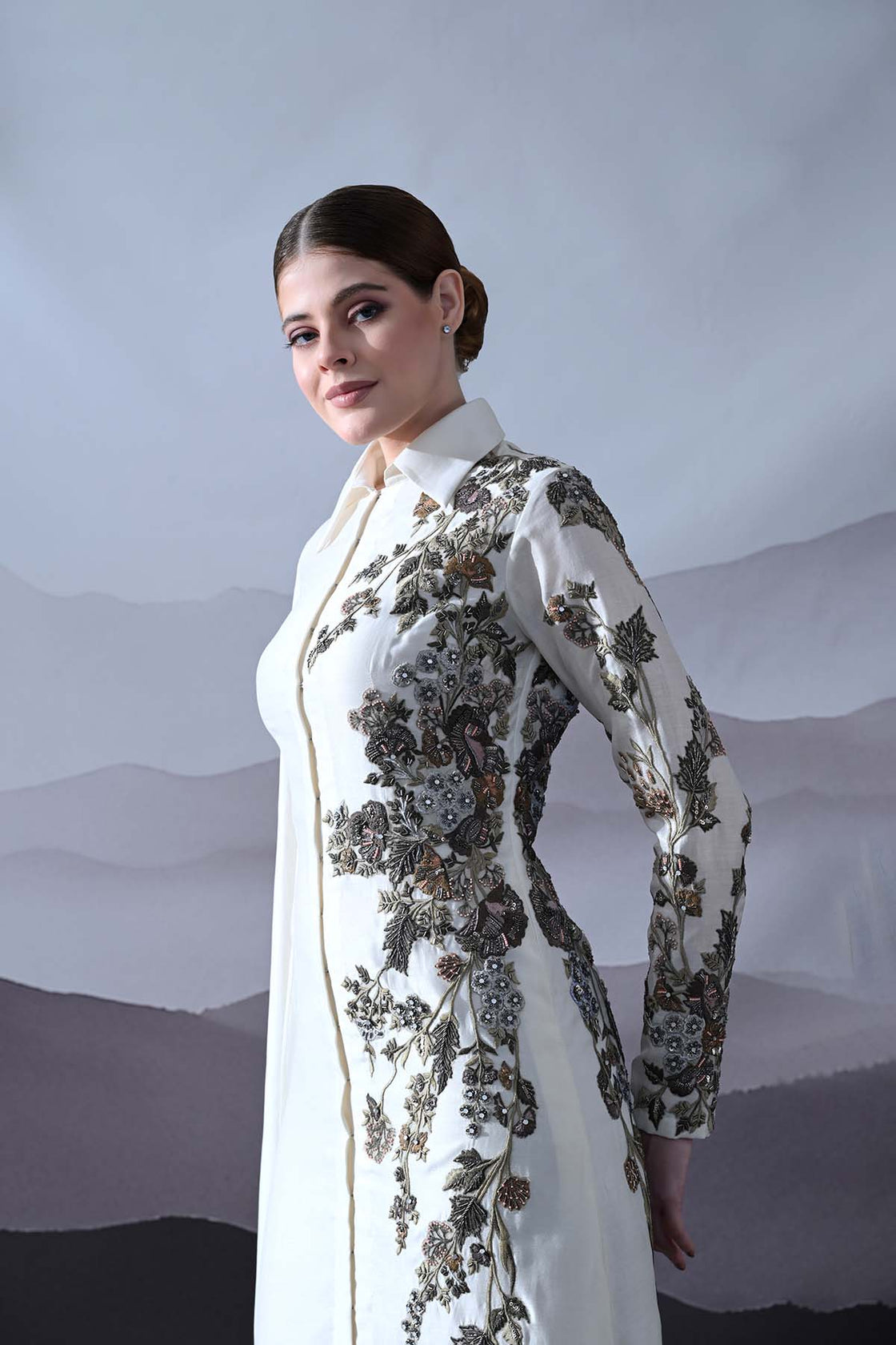 Ivory Gown With Asymmetrical Embroidery