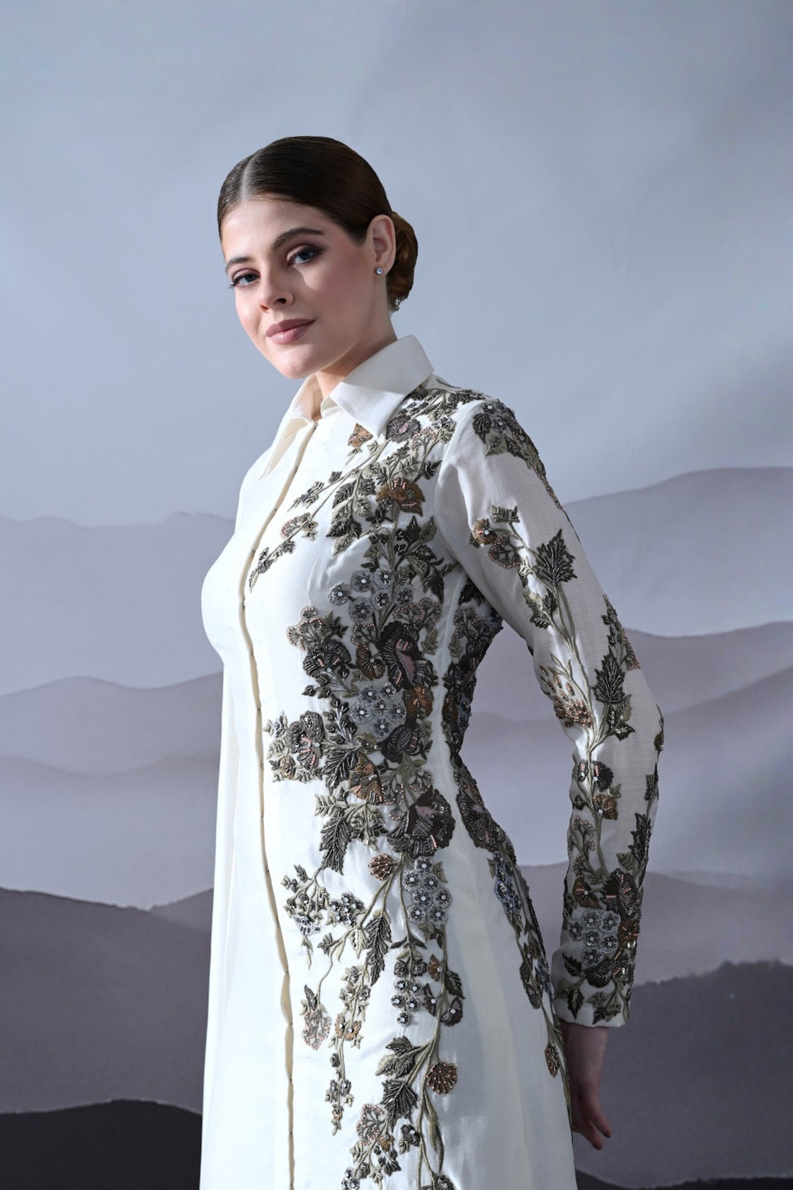 Ivory Gown With Asymmetrical Embroidery
