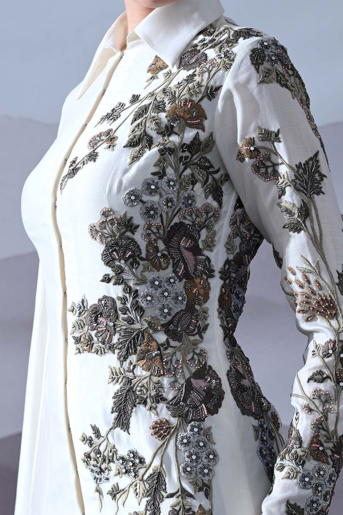 Ivory Gown With Asymmetrical Embroidery