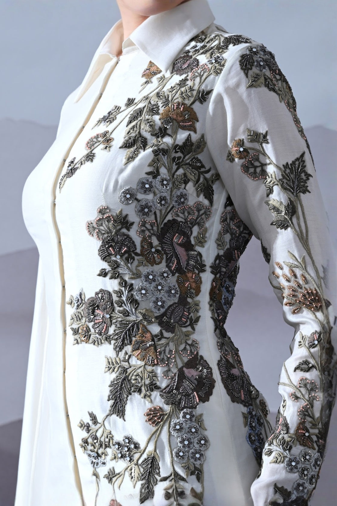 Ivory Gown With Asymmetrical Embroidery