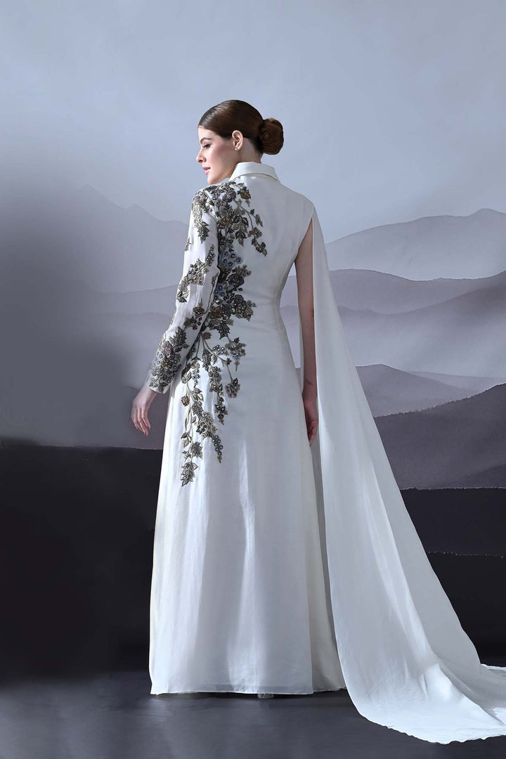 Ivory Gown With Asymmetrical Embroidery