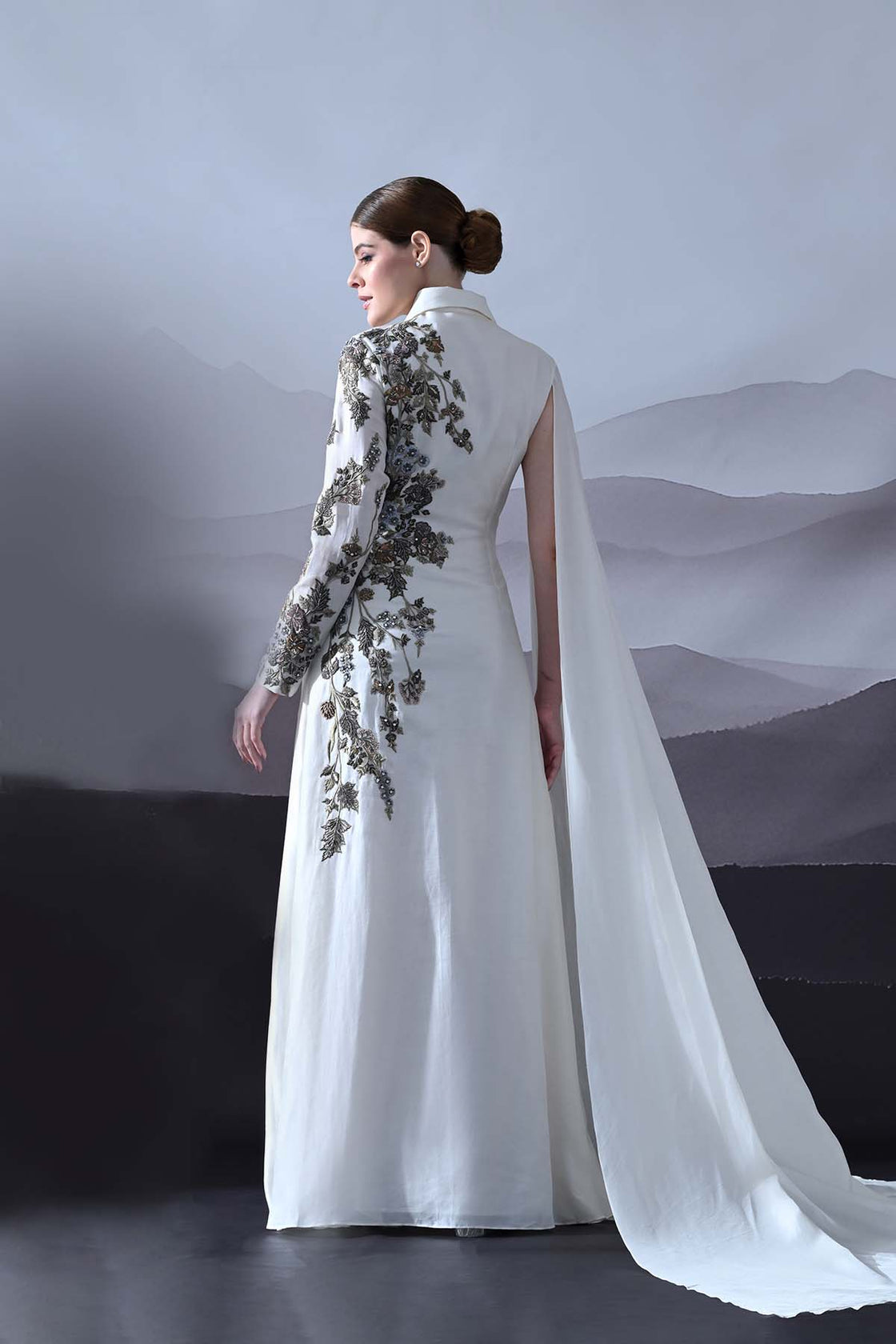 Ivory Gown With Asymmetrical Embroidery