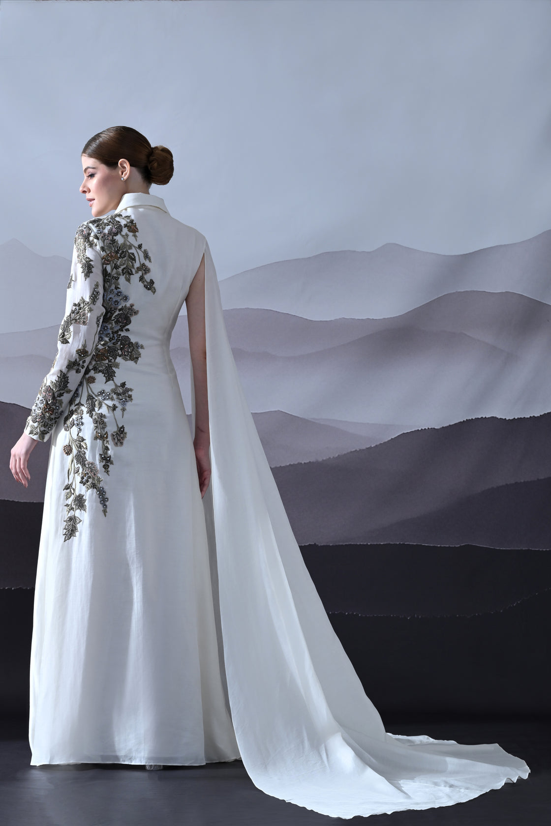 Ivory Gown with Asymmetrical Embroidery