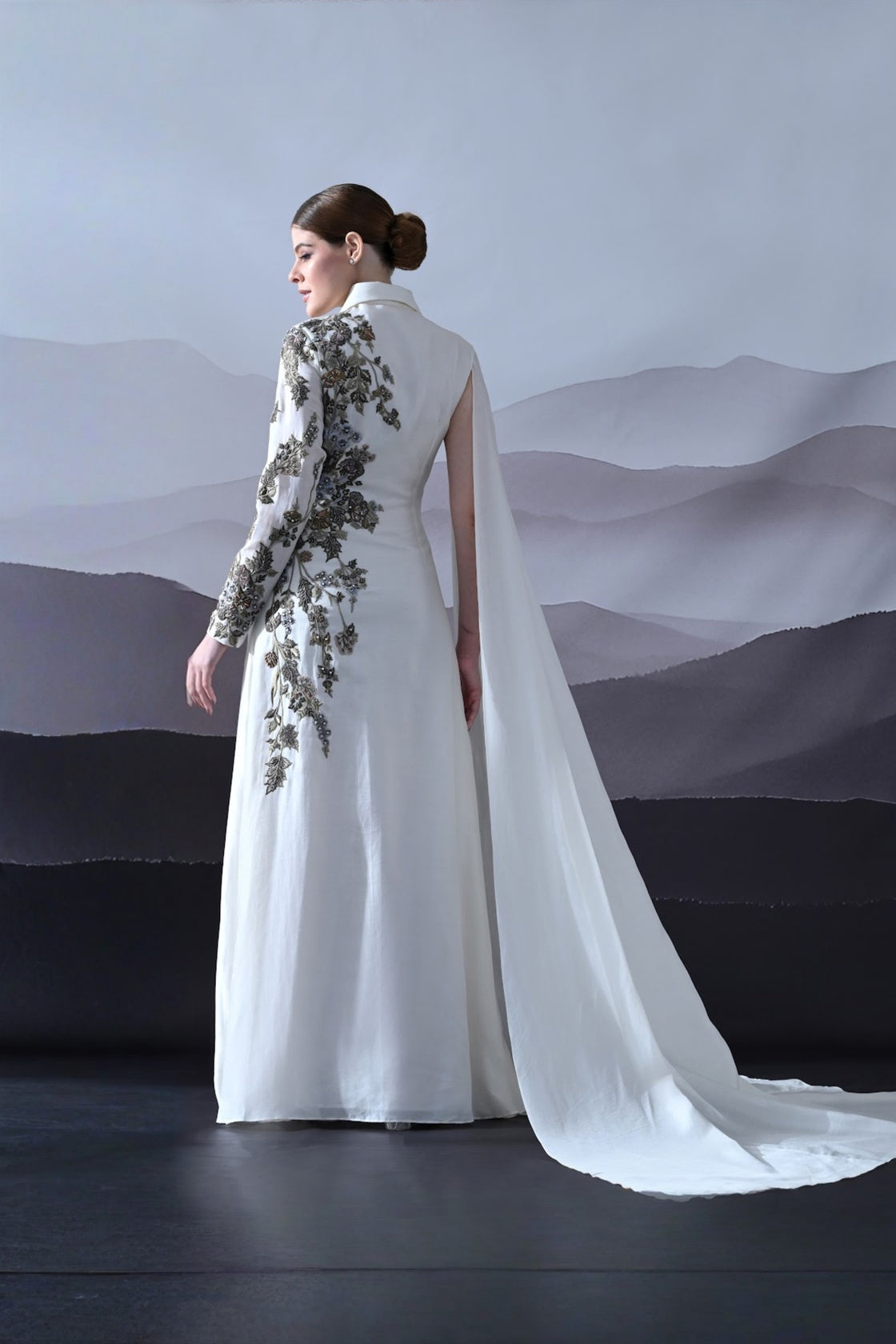 Ivory Gown With Asymmetrical Embroidery