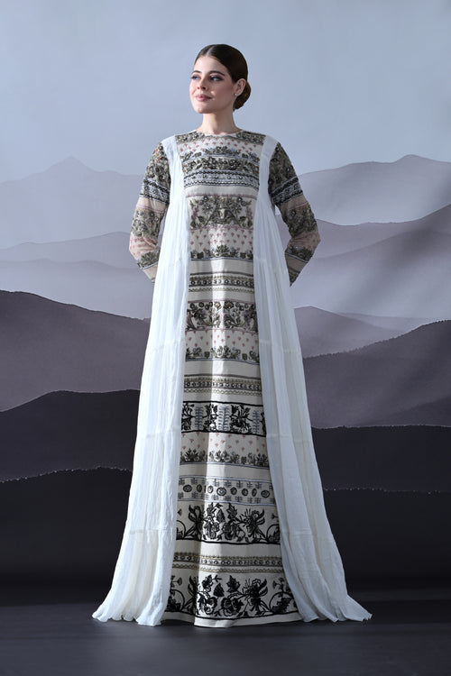 Ivory Artisanal Embroidered Gown with Panelled Overlay