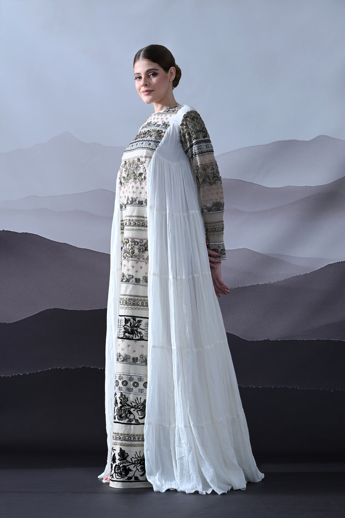 Ivory Artisanal Embroidered Gown with Panelled Overlay