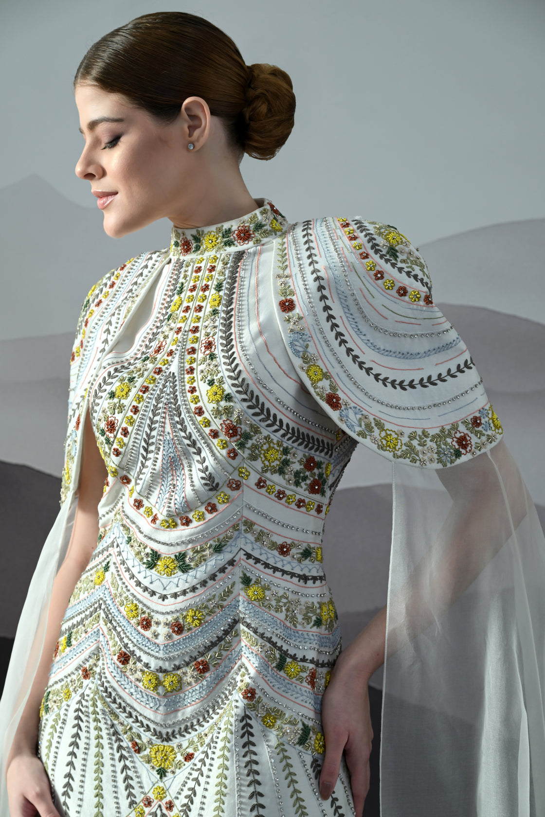 Ivory Hand-Embroidered Gown with Draped Tulle Overlay