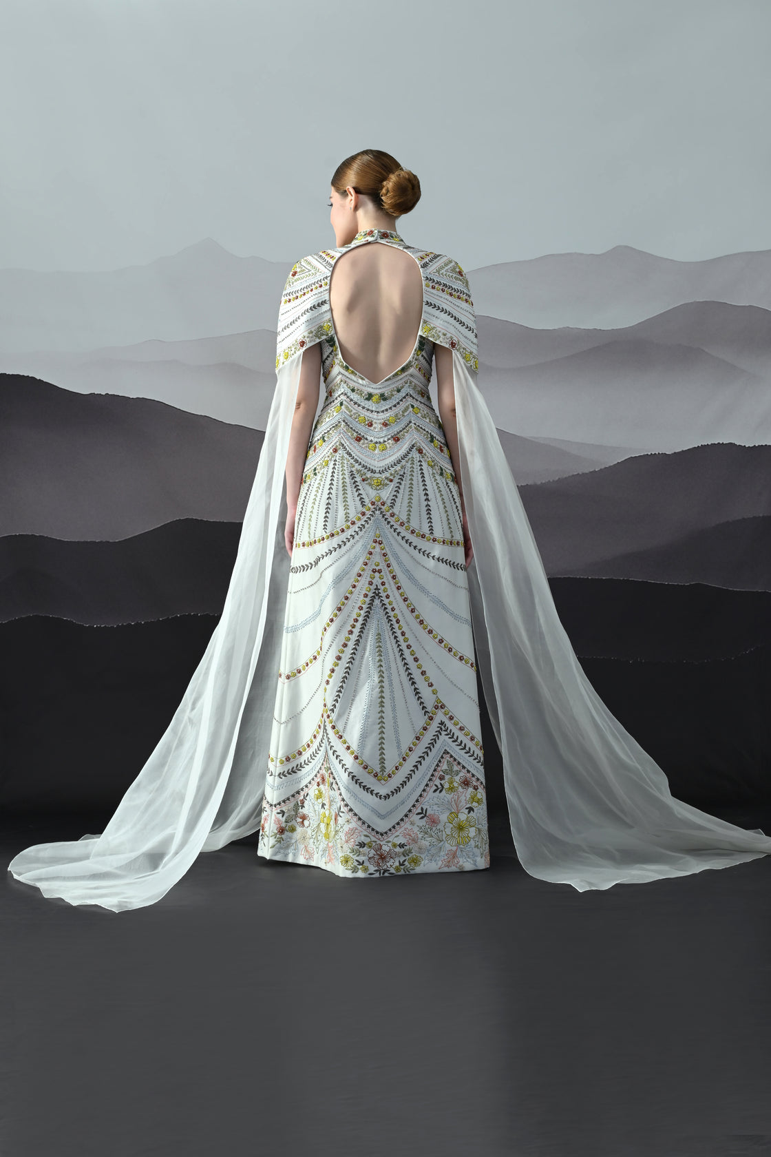 Ivory Hand-Embroidered Gown with Draped Tulle Overlay