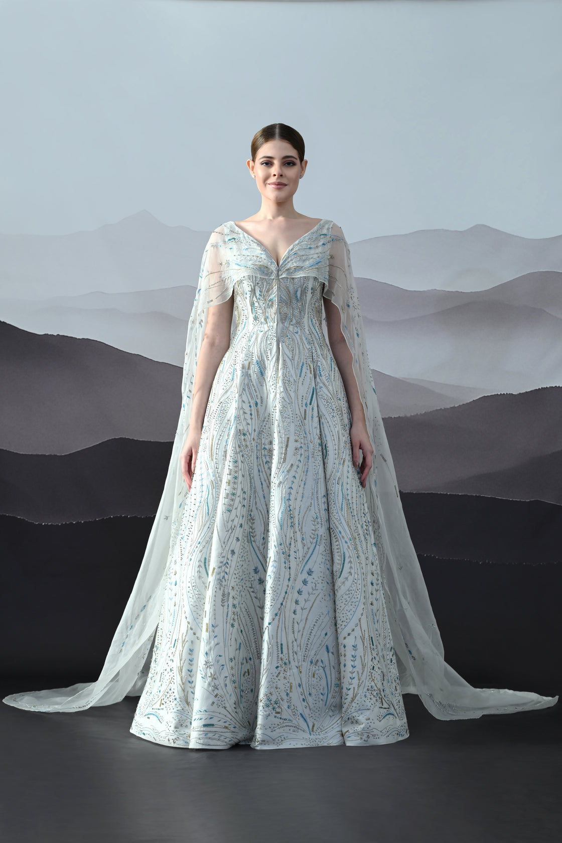 Ivory Sculpted Gown with All-Over Embroidery Handwork