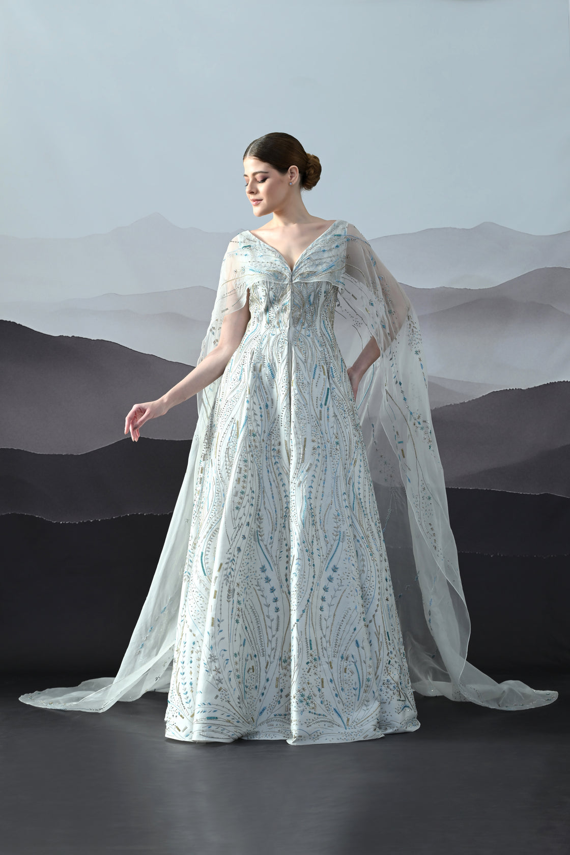 Ivory Sculpted Gown with All-Over Embroidery Handwork