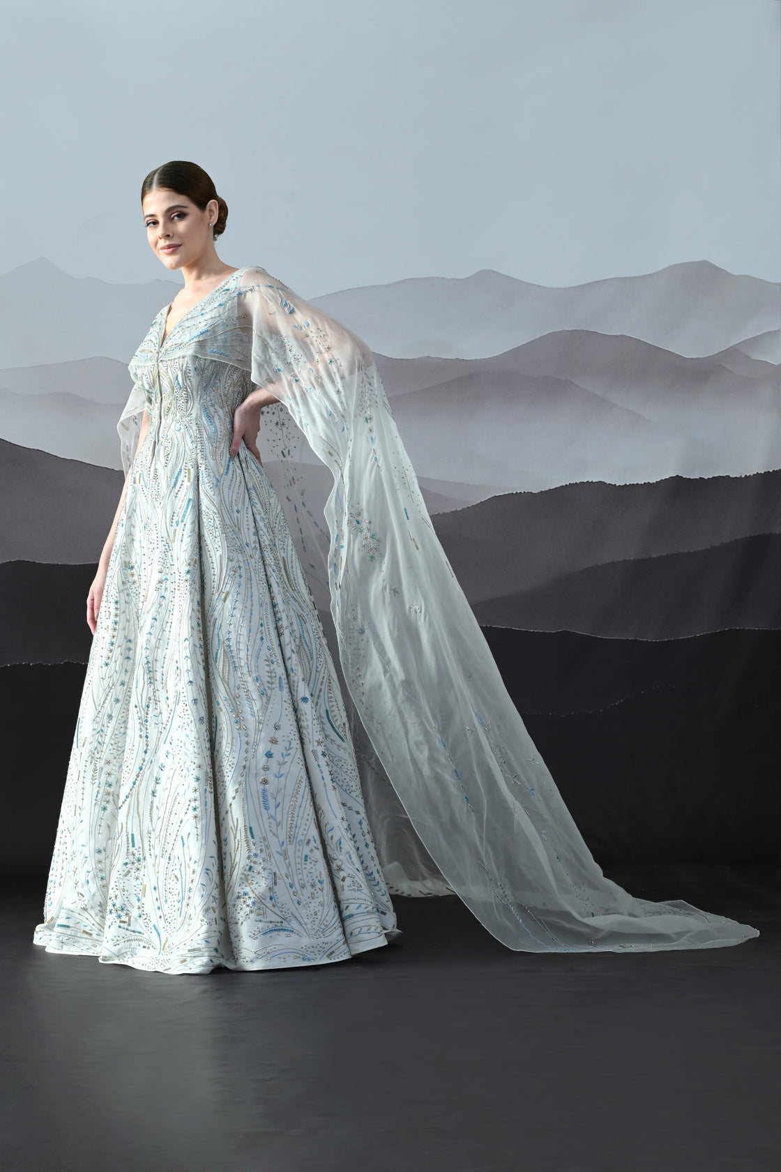 Ivory Sculpted Gown with All-Over Embroidery Handwork