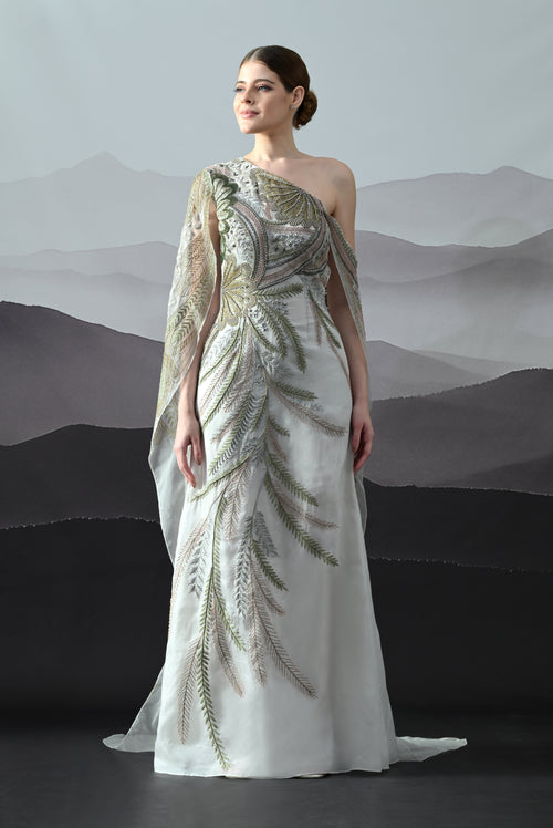 Ivory One-Shoulder Gown with Hand-Embroidered Motifs and Sculpted Draping