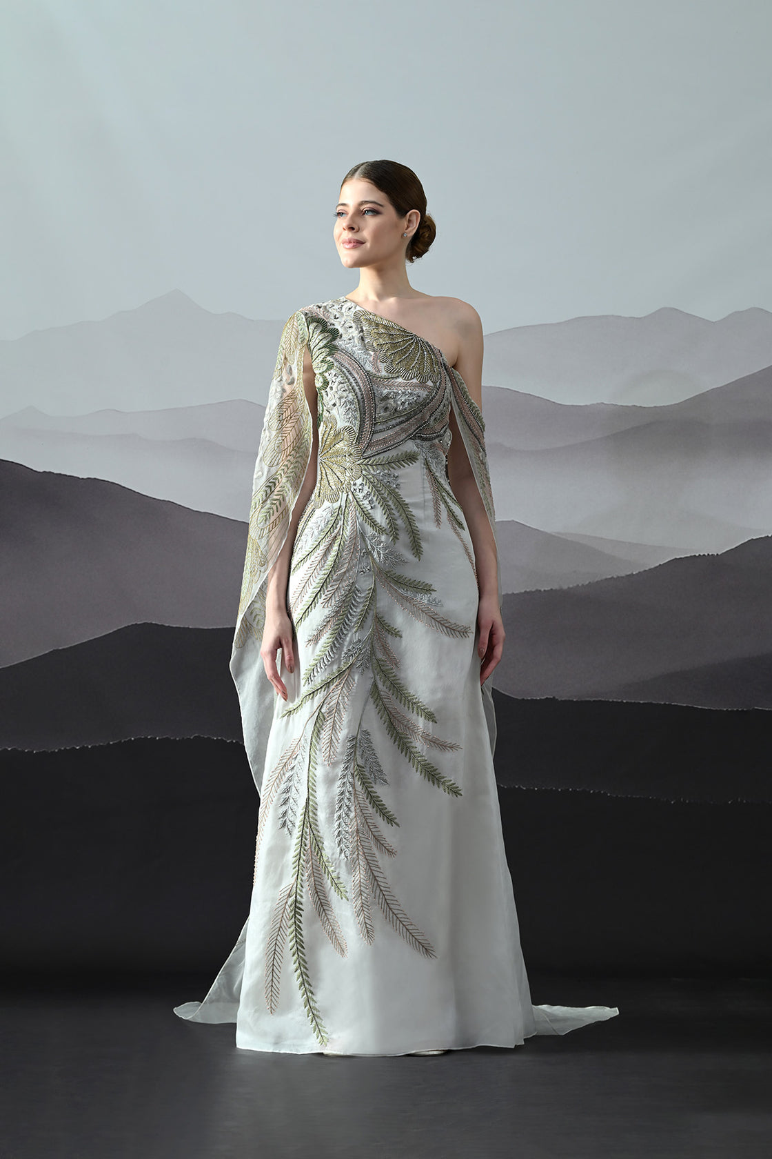Ivory One-Shoulder Gown With Hand-Embroidered Motifs And Sculpted Draping