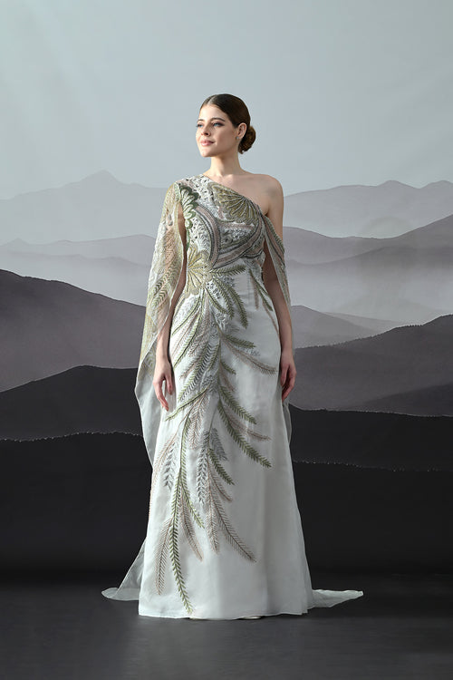 Ivory One-Shoulder Gown With Hand-Embroidered Motifs And Sculpted Draping