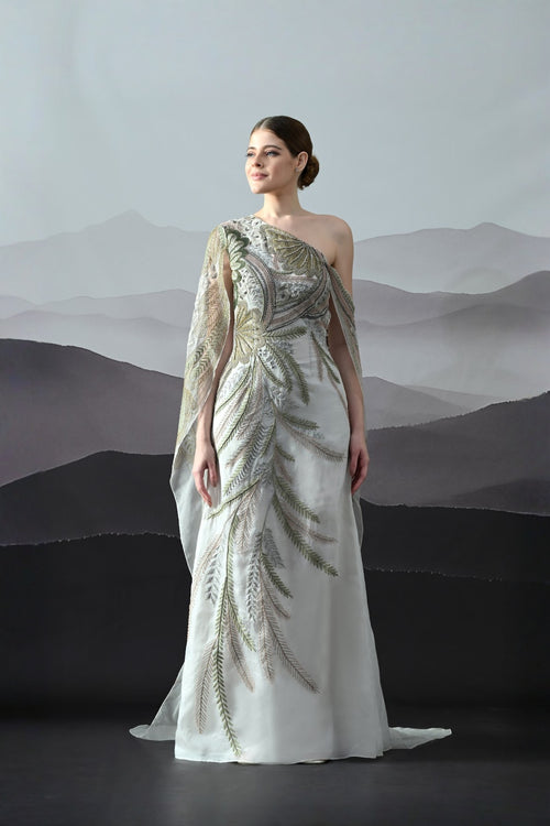 Ivory One-Shoulder Gown With Hand-Embroidered Motifs And Sculpted Draping