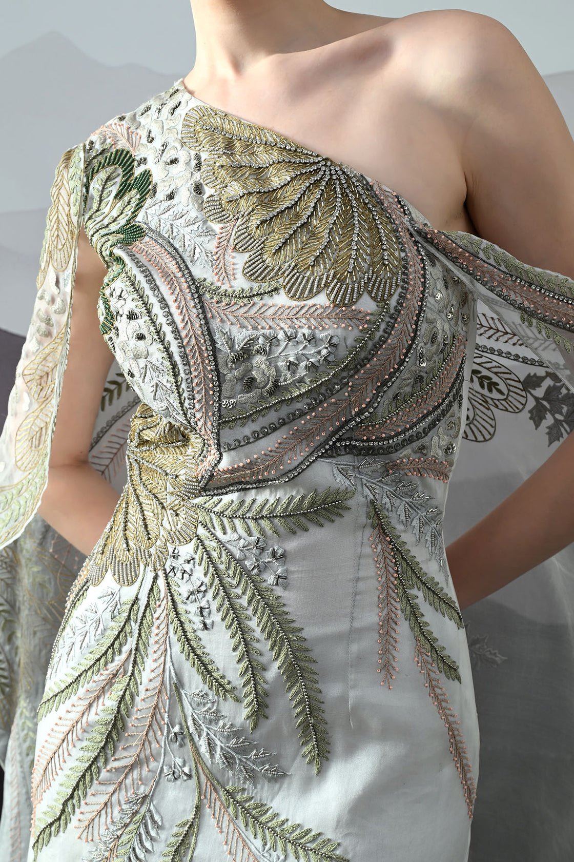 Ivory One-Shoulder Gown With Hand-Embroidered Motifs And Sculpted Draping