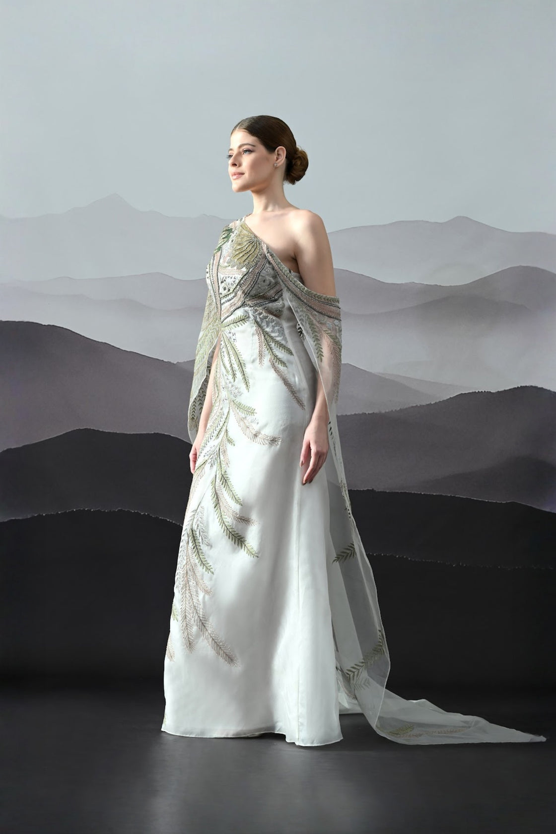 Ivory One-Shoulder Gown With Hand-Embroidered Motifs And Sculpted Draping
