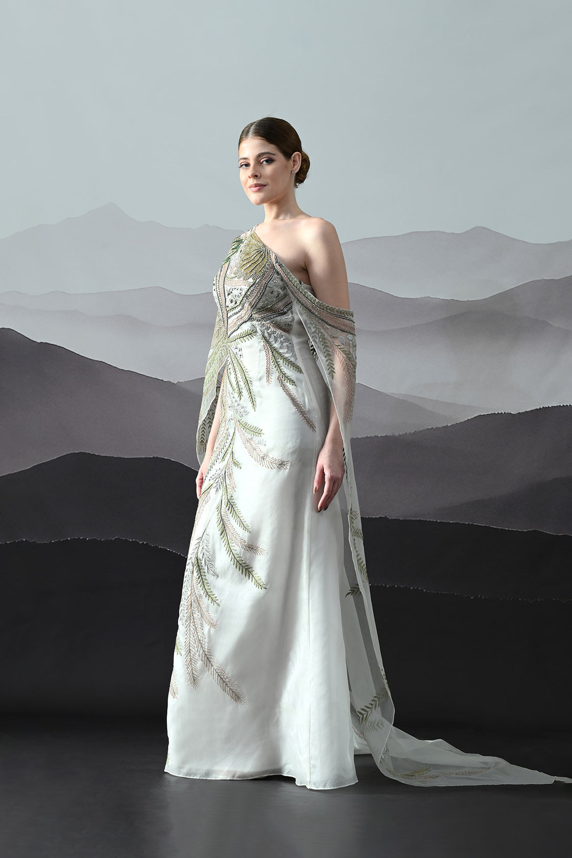 Ivory One-Shoulder Gown With Hand-Embroidered Motifs And Sculpted Draping