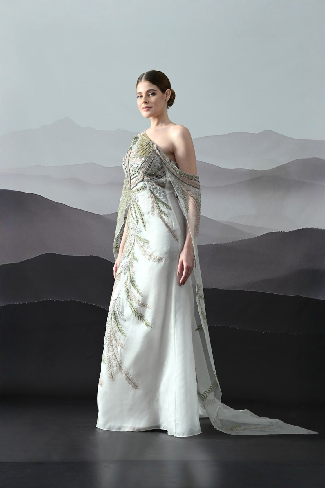 Ivory One-Shoulder Gown With Hand-Embroidered Motifs And Sculpted Draping