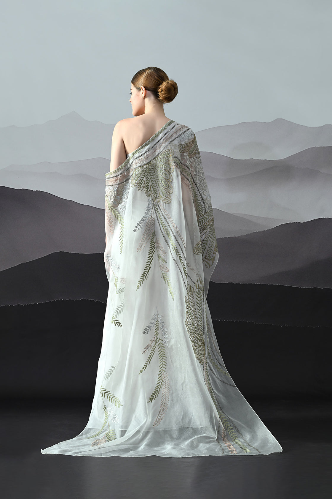 Ivory One-Shoulder Gown With Hand-Embroidered Motifs And Sculpted Draping
