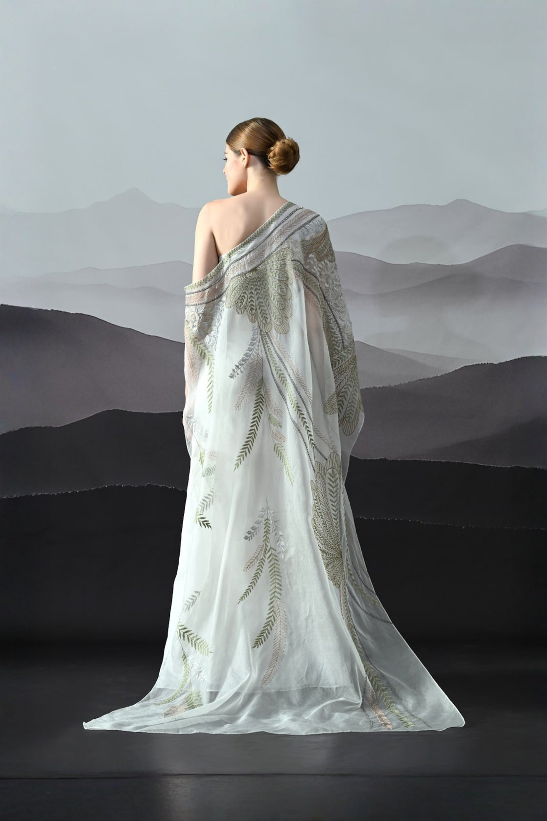 Ivory One-Shoulder Gown With Hand-Embroidered Motifs And Sculpted Draping
