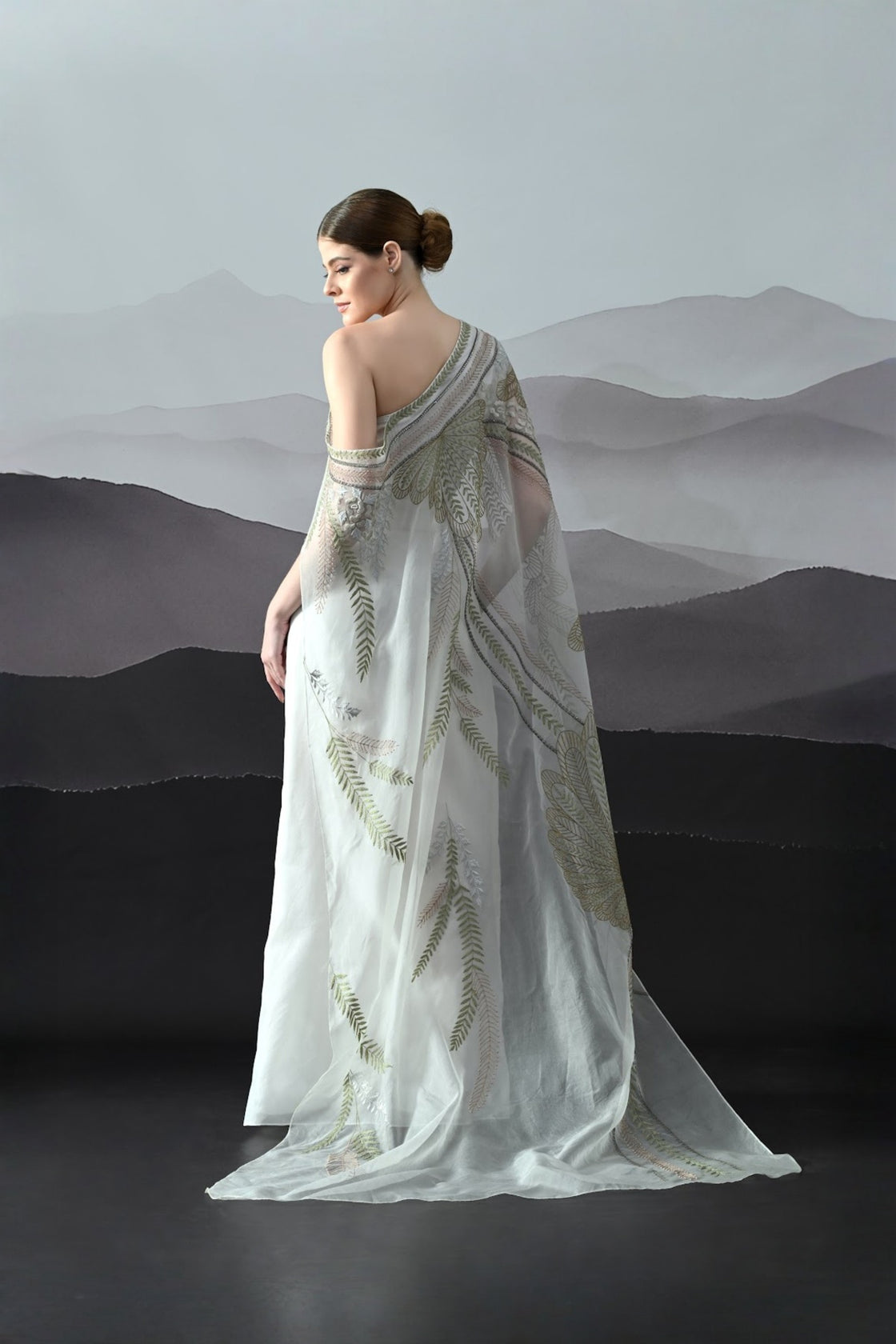 Ivory One-Shoulder Gown With Hand-Embroidered Motifs And Sculpted Draping