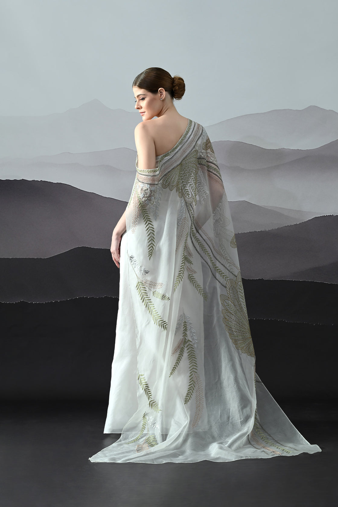 Ivory One-Shoulder Gown With Hand-Embroidered Motifs And Sculpted Draping