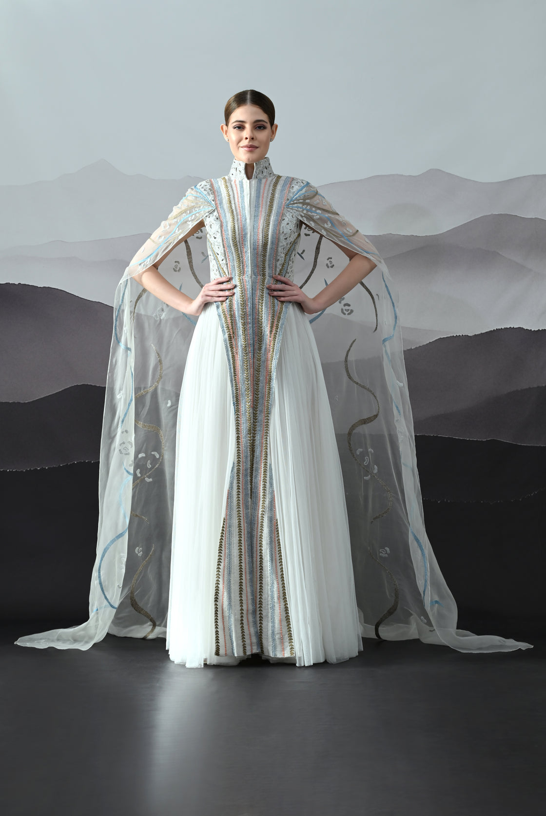Ivory Gown with Artisanal Stripe Embroidery and Translucent Overlay
