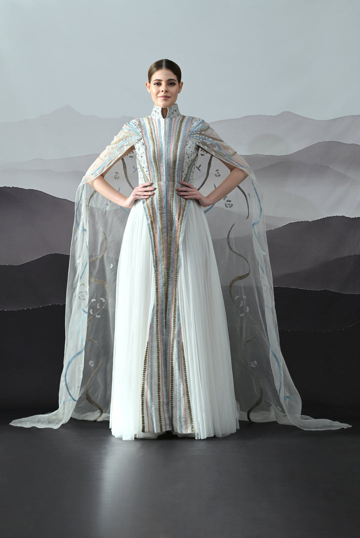 Ivory Gown With Artisanal Stripe Embroidery And Translucent Overlay