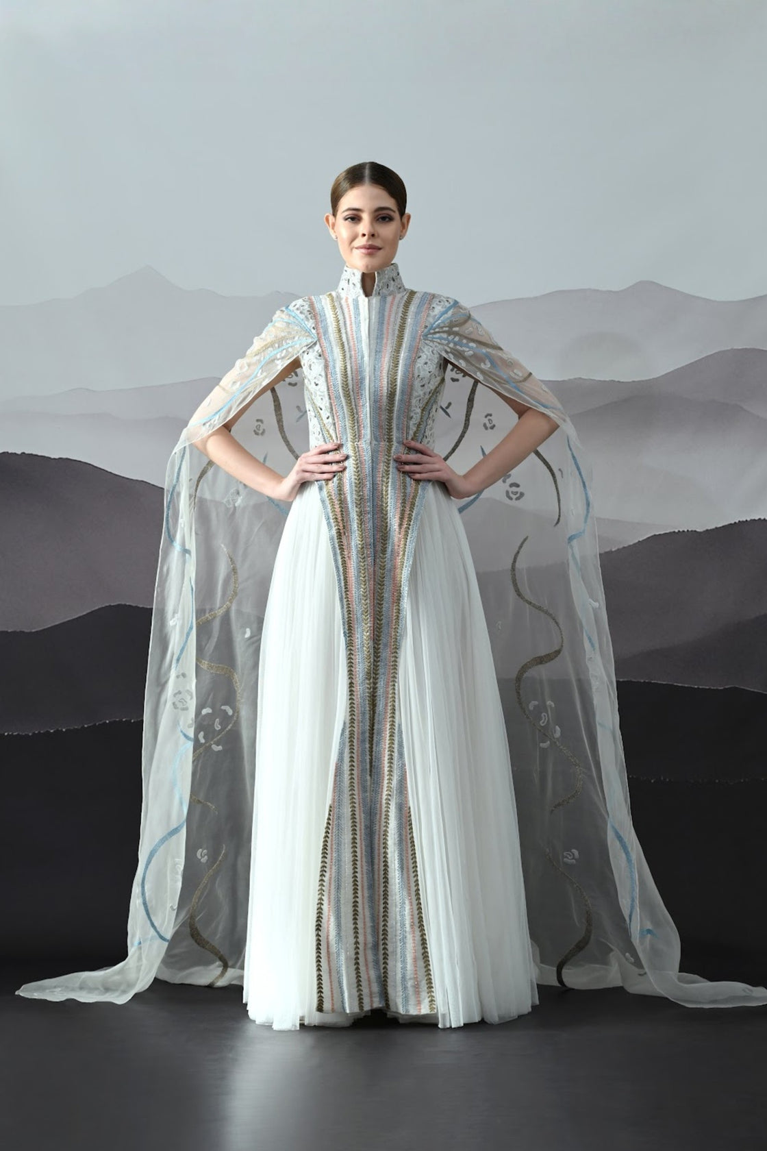Ivory Gown With Artisanal Stripe Embroidery And Translucent Overlay