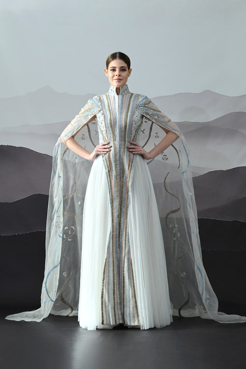 Ivory Gown With Artisanal Stripe Embroidery And Translucent Overlay