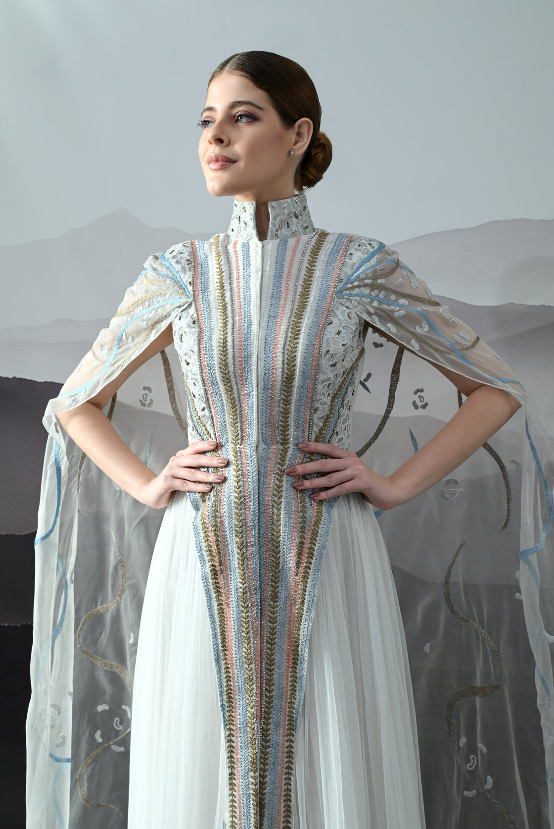 Ivory Gown with Artisanal Stripe Embroidery and Translucent Overlay