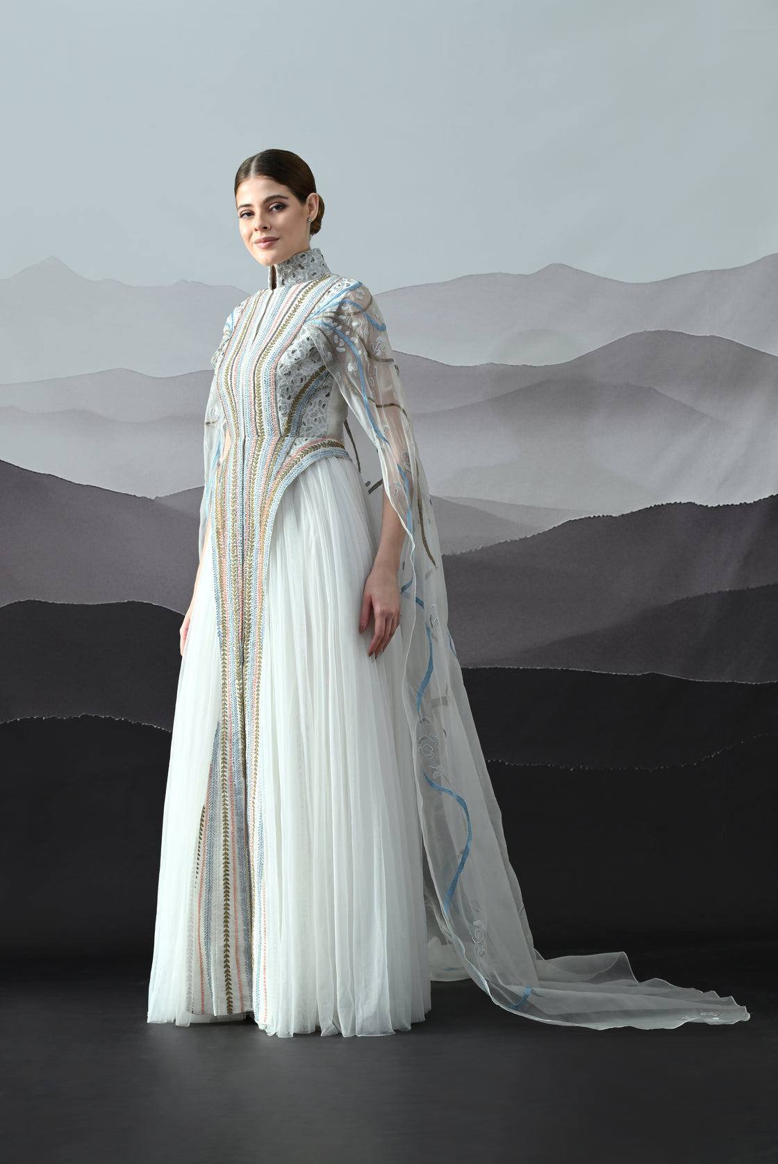 Ivory Gown with Artisanal Stripe Embroidery and Translucent Overlay