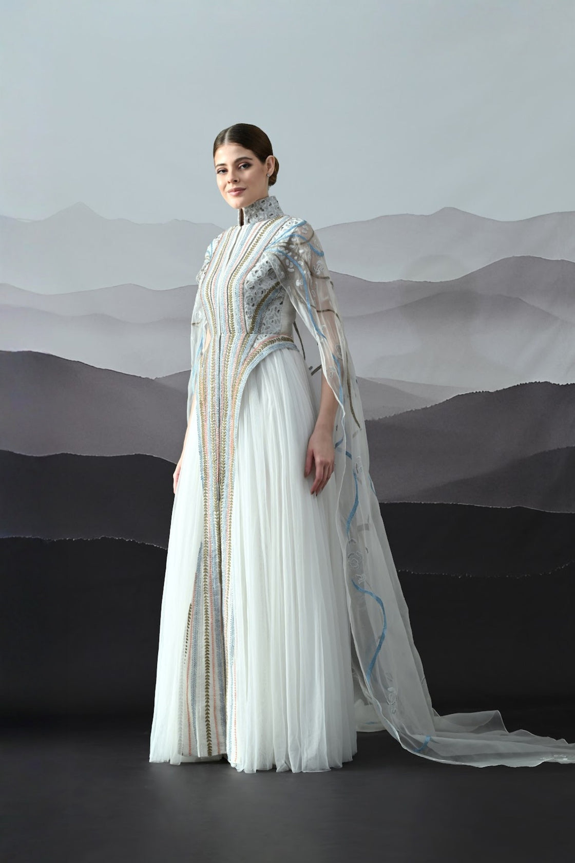 Ivory Gown With Artisanal Stripe Embroidery And Translucent Overlay