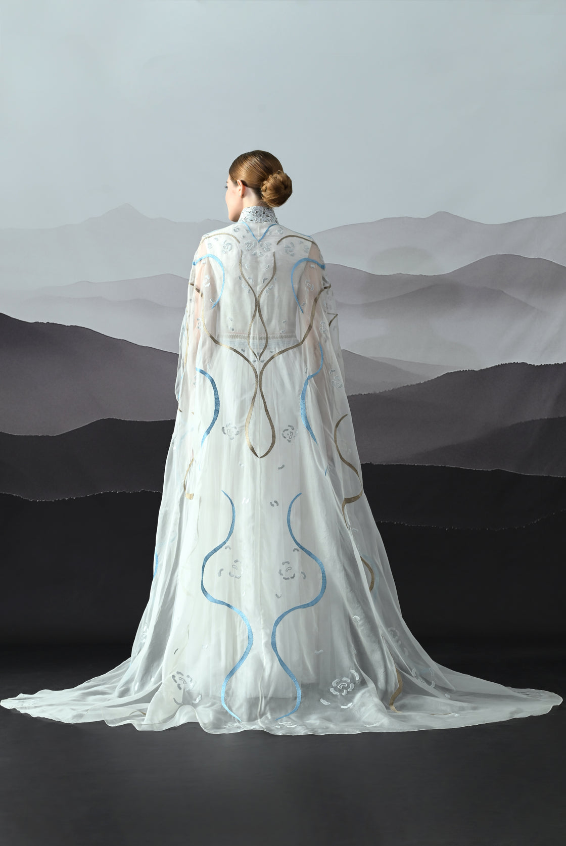Ivory Gown with Artisanal Stripe Embroidery and Translucent Overlay