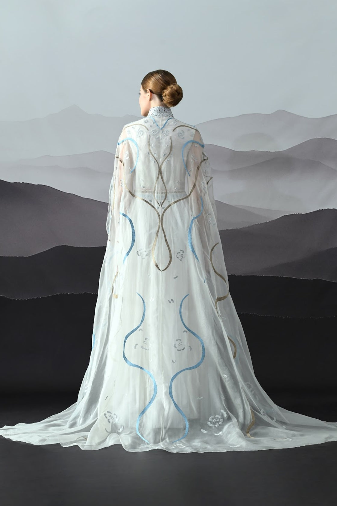 Ivory Gown With Artisanal Stripe Embroidery And Translucent Overlay