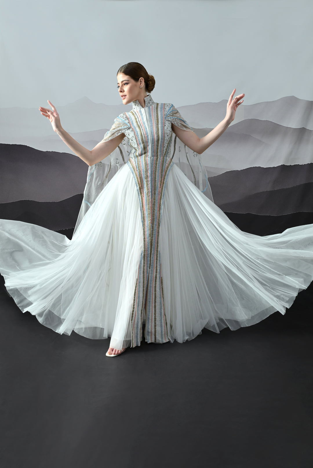 Ivory Gown With Artisanal Stripe Embroidery And Translucent Overlay