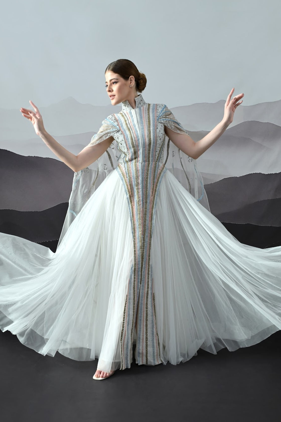 Ivory Gown With Artisanal Stripe Embroidery And Translucent Overlay